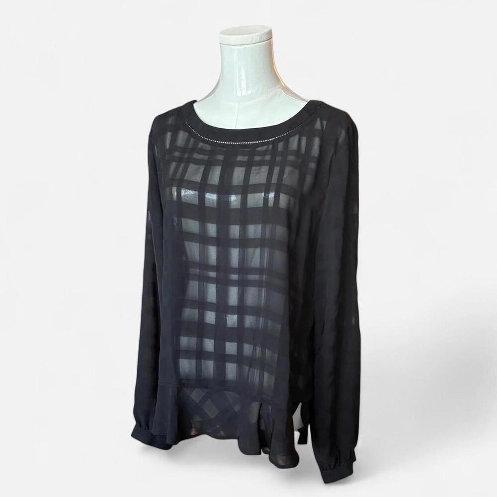 LOFT black‎ sheer blouse with checkered pattern - Picture 2 of 3